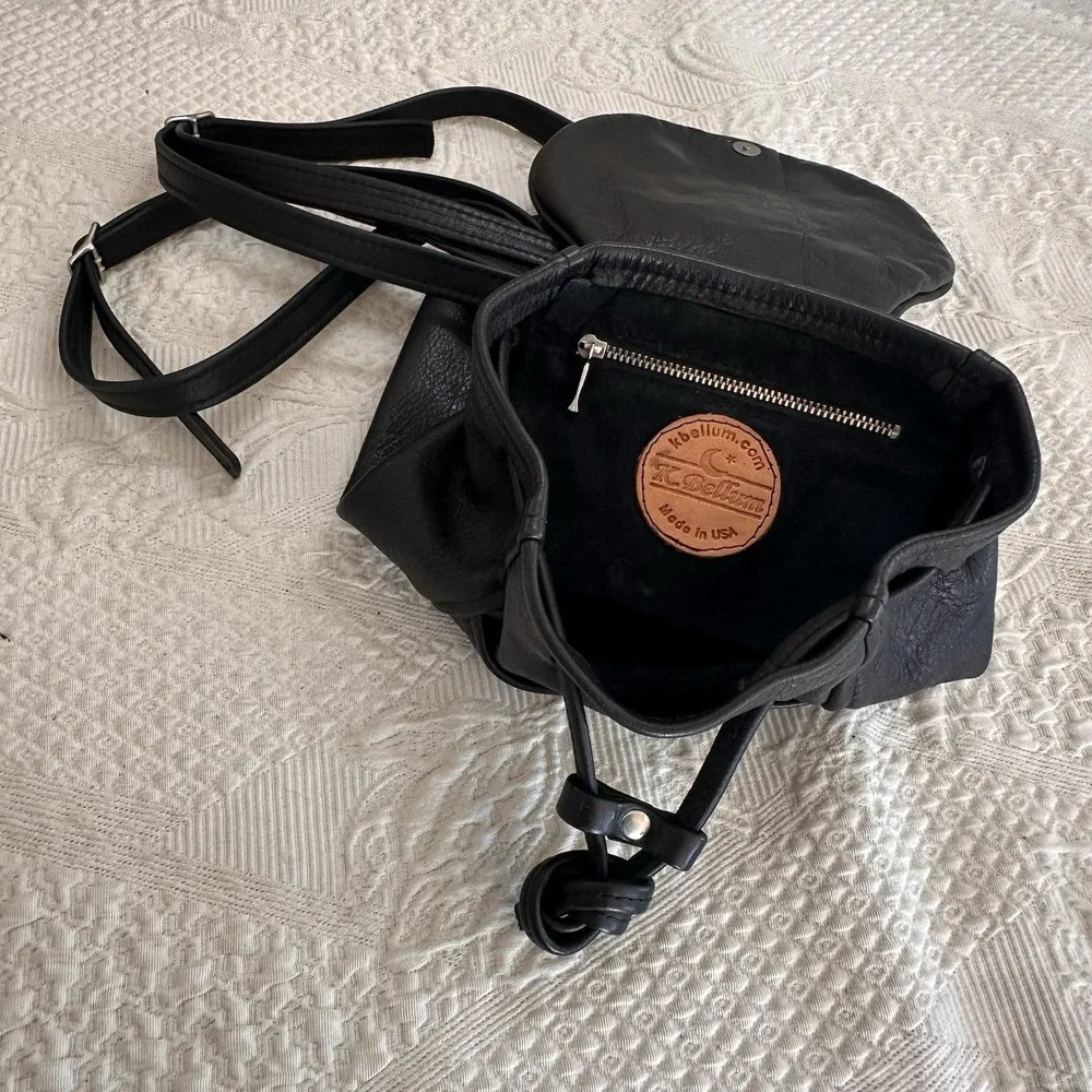 K. Bellum Handmade Full Grain Leather  Mini Backpack 10x12" Black Super Soft USA - Picture 3 of 9
